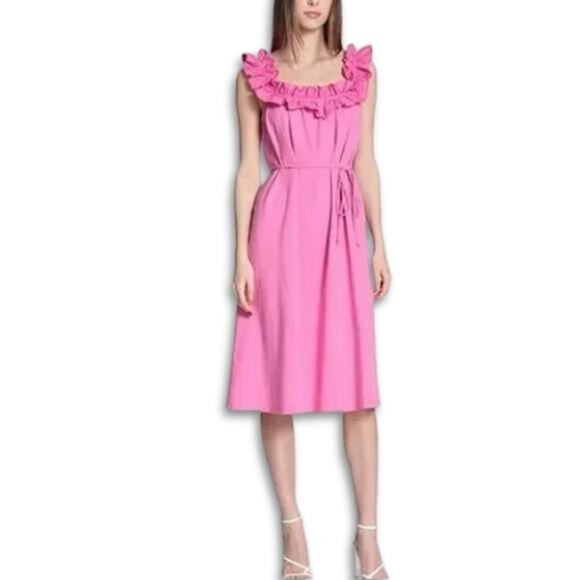 Donna Morgan A-Line Dress Ruffle Detail Midi Length Belted Waist Pink W 6 NWT - Picture 1 of 10
